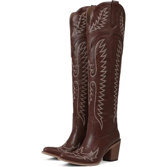 Women Over The Knee Western Boots Classic Embroidered Chunky Heel Slip On Brown - Picture 1 of 6